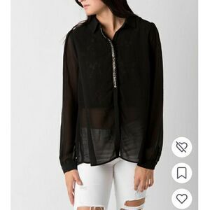 Miss Me Womens Lace Cropped Sheer Button Down Blouse